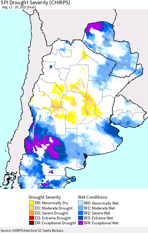 Southern South America SPI Drought Severity (CHIRPS) Thematic Map For 8/11/2023 - 8/20/2023