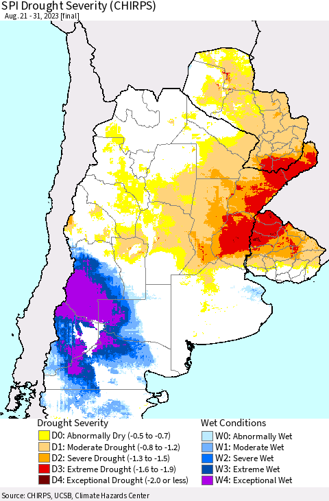 Southern South America SPI Drought Severity (CHIRPS) Thematic Map For 8/21/2023 - 8/31/2023