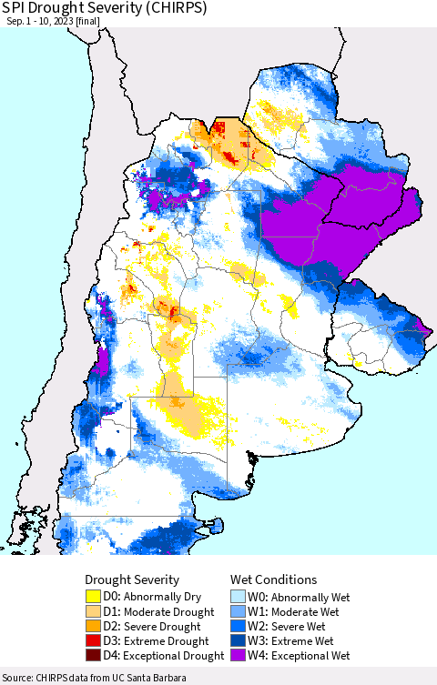Southern South America SPI Drought Severity (CHIRPS) Thematic Map For 9/1/2023 - 9/10/2023