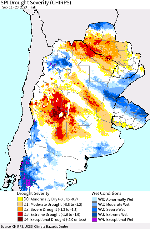 Southern South America SPI Drought Severity (CHIRPS) Thematic Map For 9/11/2023 - 9/20/2023