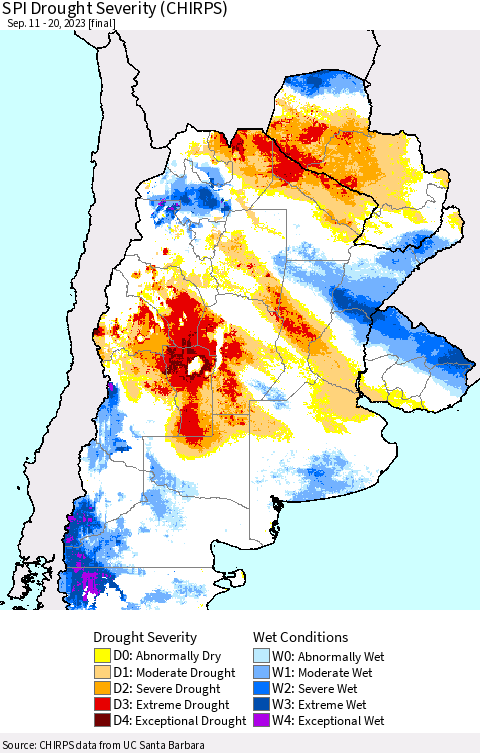 Southern South America SPI Drought Severity (CHIRPS) Thematic Map For 9/11/2023 - 9/20/2023