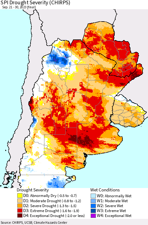 Southern South America SPI Drought Severity (CHIRPS) Thematic Map For 9/21/2023 - 9/30/2023