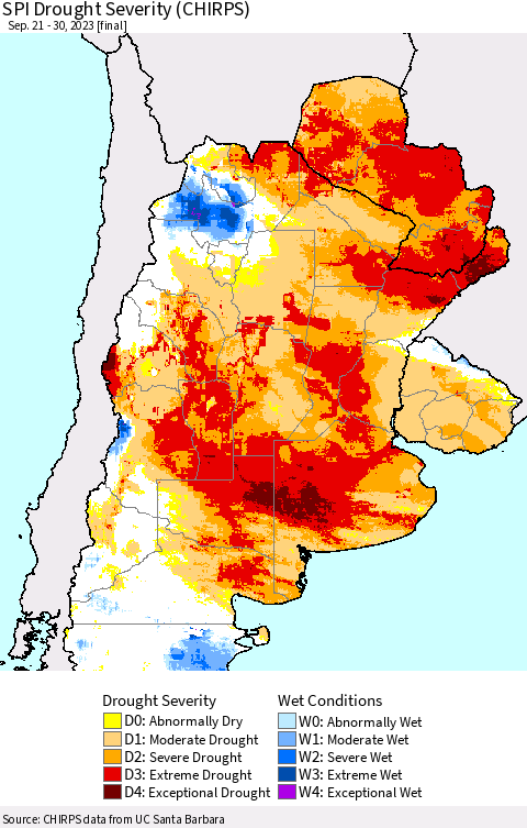 Southern South America SPI Drought Severity (CHIRPS) Thematic Map For 9/21/2023 - 9/30/2023