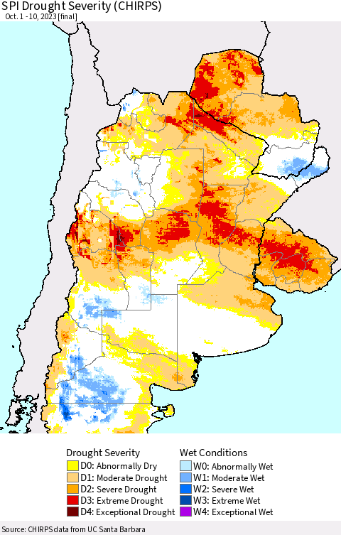 Southern South America SPI Drought Severity (CHIRPS) Thematic Map For 10/1/2023 - 10/10/2023