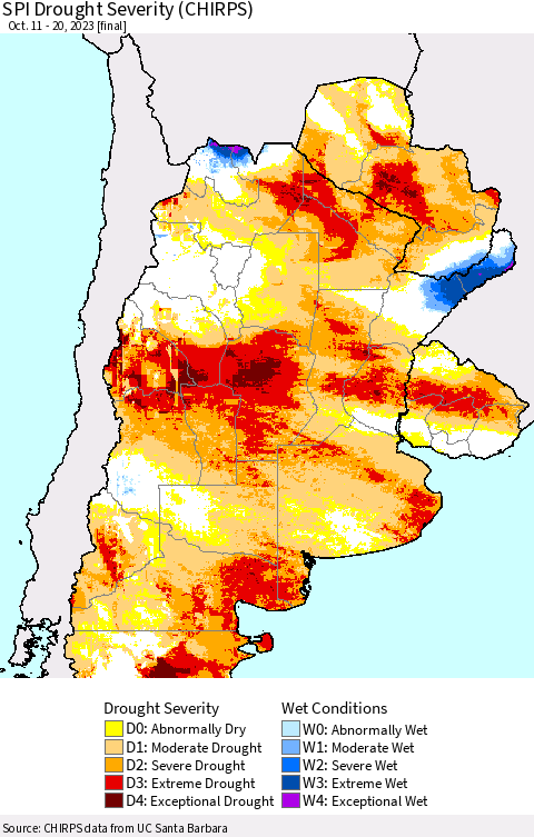 Southern South America SPI Drought Severity (CHIRPS) Thematic Map For 10/11/2023 - 10/20/2023