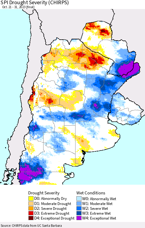 Southern South America SPI Drought Severity (CHIRPS) Thematic Map For 10/21/2023 - 10/31/2023