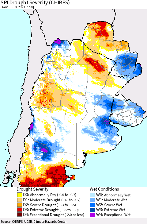 Southern South America SPI Drought Severity (CHIRPS) Thematic Map For 11/1/2023 - 11/10/2023