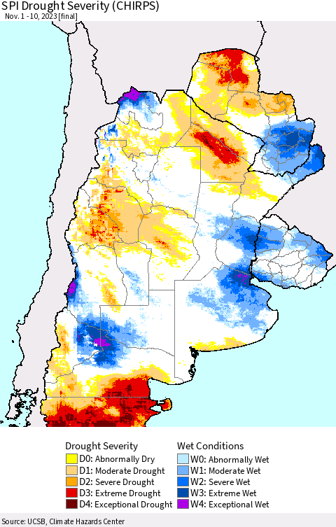 Southern South America SPI Drought Severity (CHIRPS) Thematic Map For 11/1/2023 - 11/10/2023