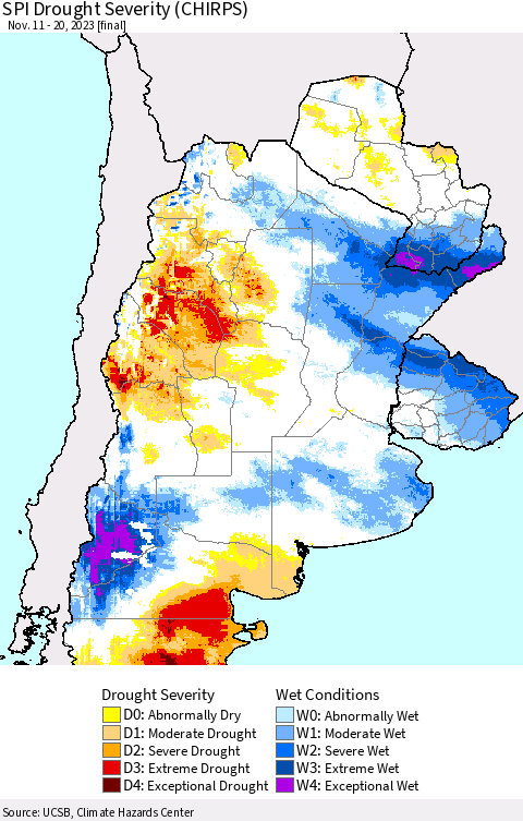 Southern South America SPI Drought Severity (CHIRPS) Thematic Map For 11/11/2023 - 11/20/2023