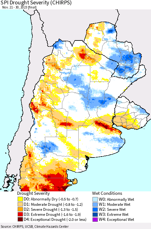 Southern South America SPI Drought Severity (CHIRPS) Thematic Map For 11/21/2023 - 11/30/2023