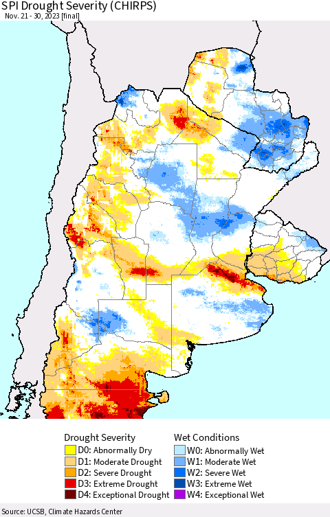 Southern South America SPI Drought Severity (CHIRPS) Thematic Map For 11/21/2023 - 11/30/2023