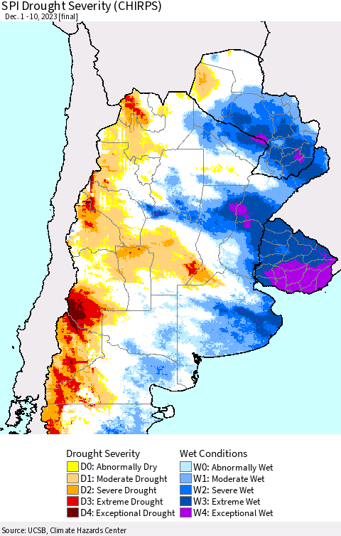 Southern South America SPI Drought Severity (CHIRPS) Thematic Map For 12/1/2023 - 12/10/2023