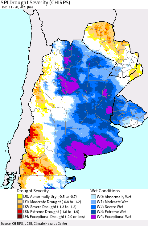 Southern South America SPI Drought Severity (CHIRPS) Thematic Map For 12/11/2023 - 12/20/2023