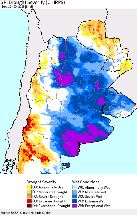 Southern South America SPI Drought Severity (CHIRPS) Thematic Map For 12/11/2023 - 12/20/2023