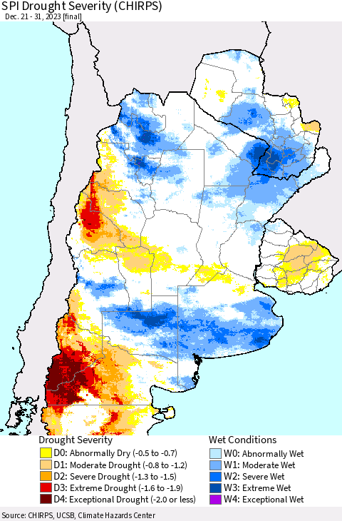 Southern South America SPI Drought Severity (CHIRPS) Thematic Map For 12/21/2023 - 12/31/2023