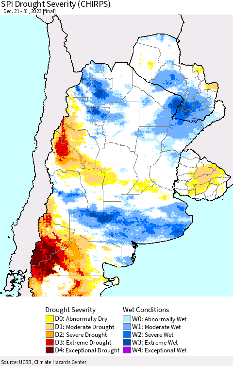 Southern South America SPI Drought Severity (CHIRPS) Thematic Map For 12/21/2023 - 12/31/2023