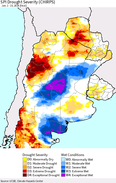 Southern South America SPI Drought Severity (CHIRPS) Thematic Map For 1/1/2024 - 1/10/2024