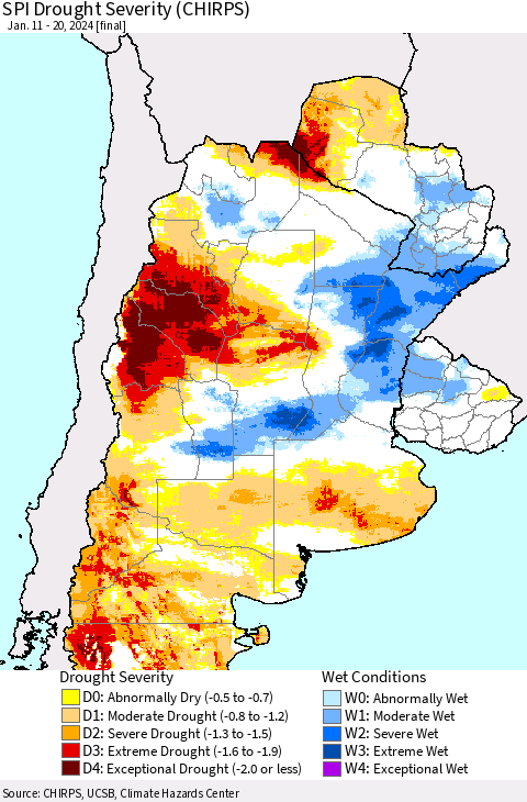 Southern South America SPI Drought Severity (CHIRPS) Thematic Map For 1/11/2024 - 1/20/2024