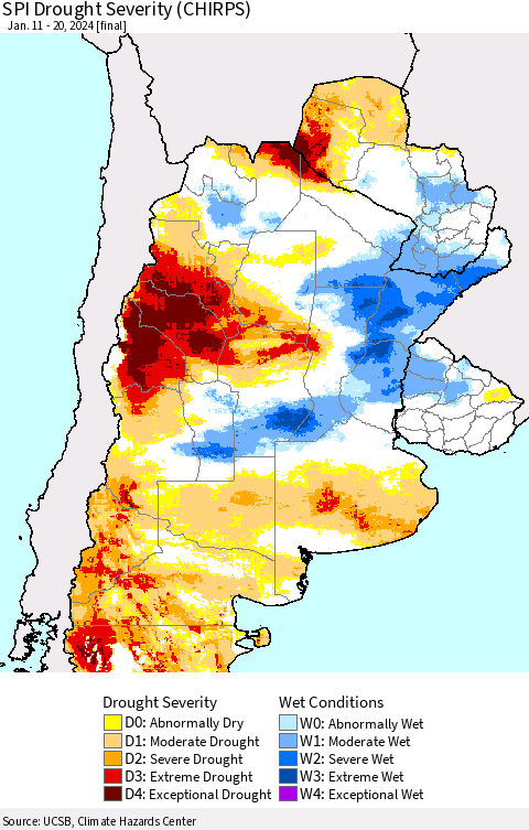 Southern South America SPI Drought Severity (CHIRPS) Thematic Map For 1/11/2024 - 1/20/2024