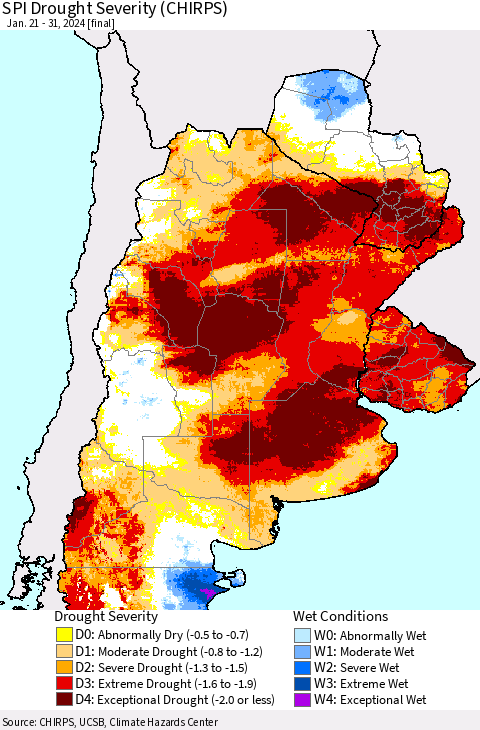 Southern South America SPI Drought Severity (CHIRPS) Thematic Map For 1/21/2024 - 1/31/2024