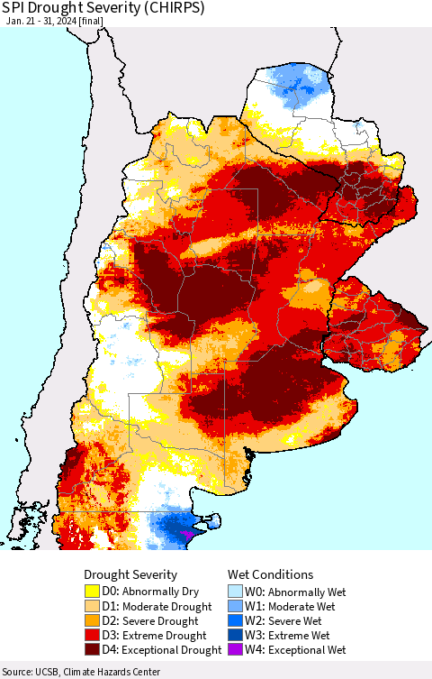 Southern South America SPI Drought Severity (CHIRPS) Thematic Map For 1/21/2024 - 1/31/2024