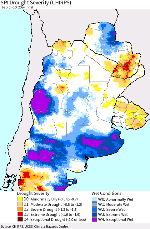 Southern South America SPI Drought Severity (CHIRPS) Thematic Map For 2/1/2024 - 2/10/2024