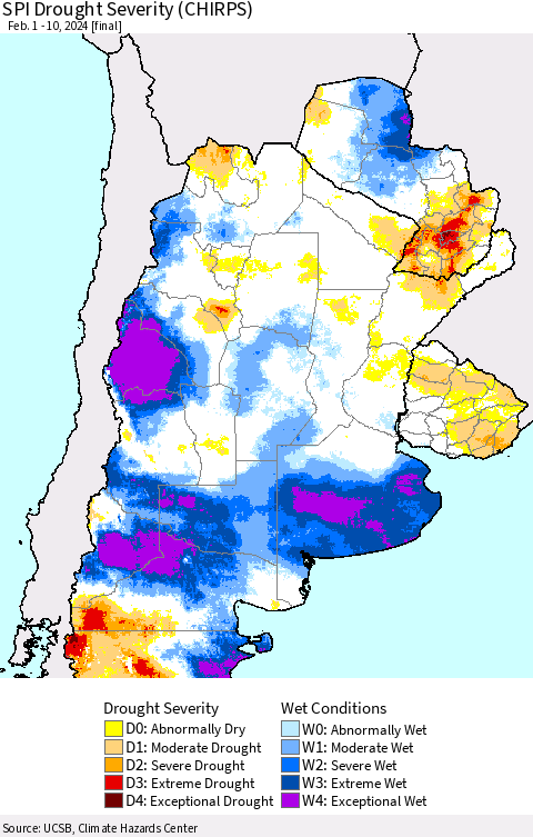 Southern South America SPI Drought Severity (CHIRPS) Thematic Map For 2/1/2024 - 2/10/2024