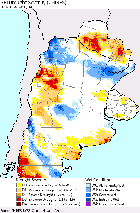 Southern South America SPI Drought Severity (CHIRPS) Thematic Map For 2/11/2024 - 2/20/2024