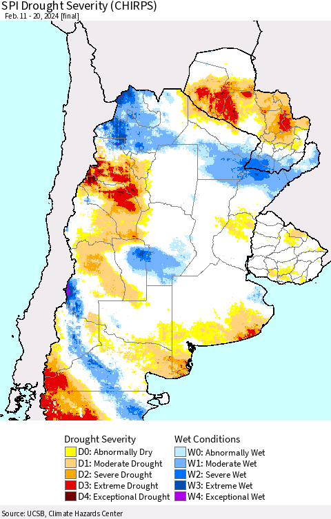 Southern South America SPI Drought Severity (CHIRPS) Thematic Map For 2/11/2024 - 2/20/2024