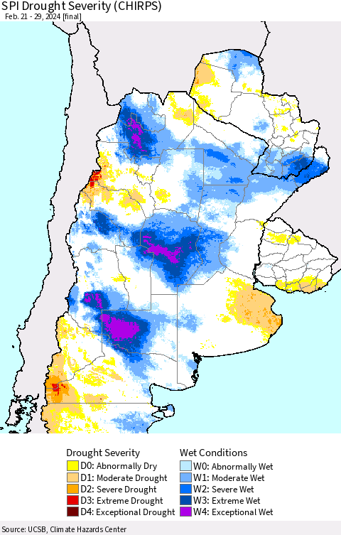 Southern South America SPI Drought Severity (CHIRPS) Thematic Map For 2/21/2024 - 2/29/2024