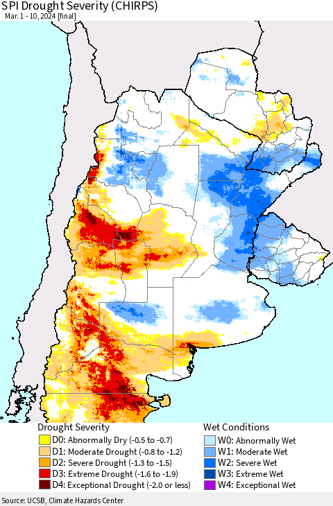 Southern South America SPI Drought Severity (CHIRPS) Thematic Map For 3/1/2024 - 3/10/2024