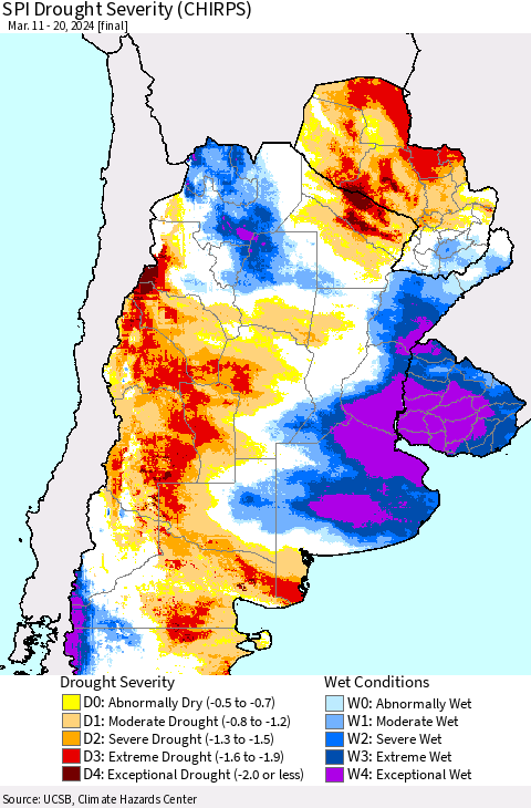 Southern South America SPI Drought Severity (CHIRPS) Thematic Map For 3/11/2024 - 3/20/2024