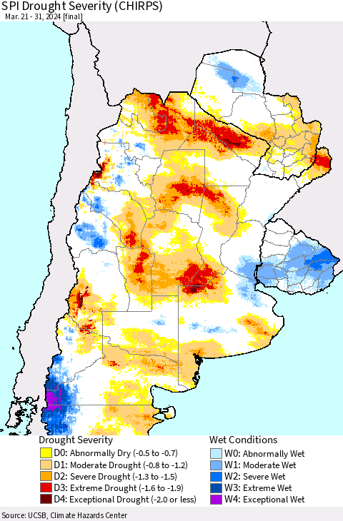 Southern South America SPI Drought Severity (CHIRPS) Thematic Map For 3/21/2024 - 3/31/2024