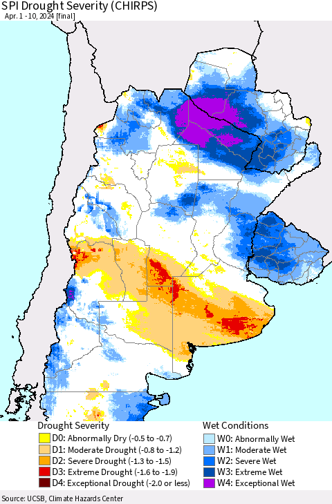 Southern South America SPI Drought Severity (CHIRPS) Thematic Map For 4/1/2024 - 4/10/2024