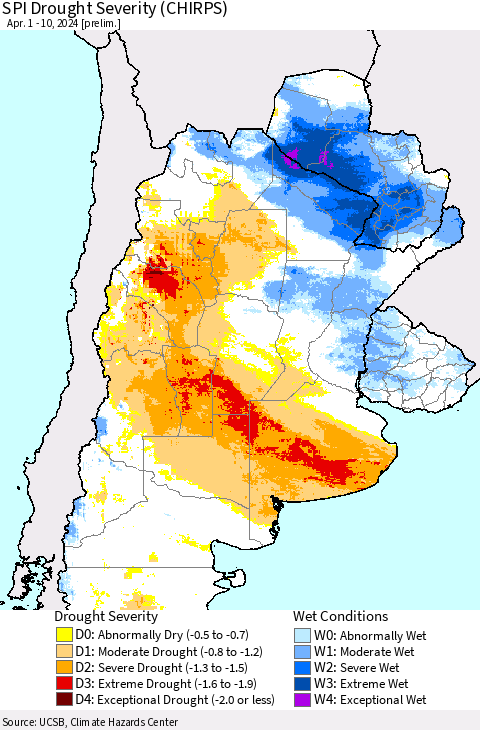 Southern South America SPI Drought Severity (CHIRPS) Thematic Map For 4/1/2024 - 4/10/2024