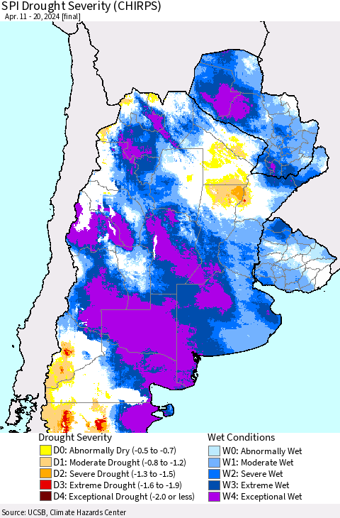 Southern South America SPI Drought Severity (CHIRPS) Thematic Map For 4/11/2024 - 4/20/2024