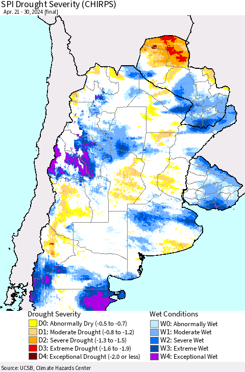 Southern South America SPI Drought Severity (CHIRPS) Thematic Map For 4/21/2024 - 4/30/2024