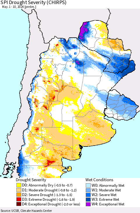 Southern South America SPI Drought Severity (CHIRPS) Thematic Map For 5/1/2024 - 5/10/2024