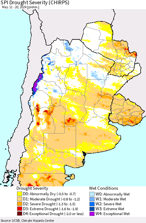 Southern South America SPI Drought Severity (CHIRPS) Thematic Map For 5/11/2024 - 5/20/2024
