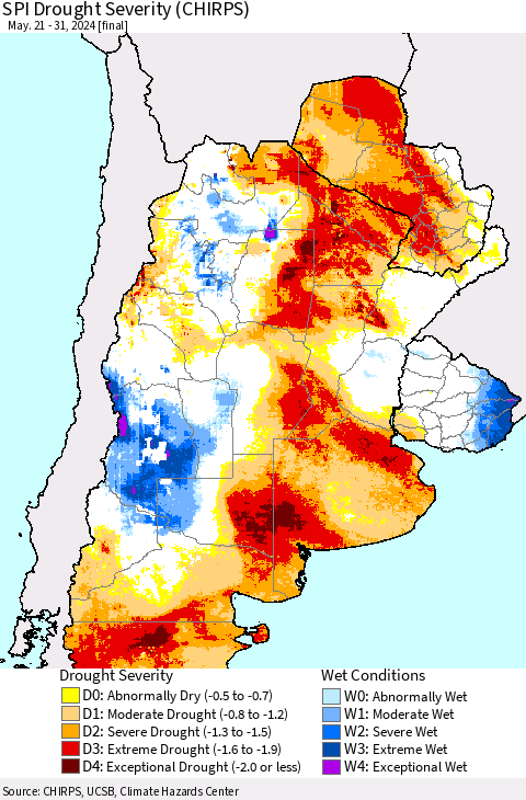 Southern South America SPI Drought Severity (CHIRPS) Thematic Map For 5/21/2024 - 5/31/2024