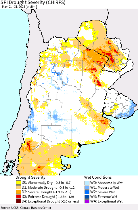 Southern South America SPI Drought Severity (CHIRPS) Thematic Map For 5/21/2024 - 5/31/2024