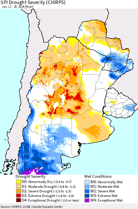 Southern South America SPI Drought Severity (CHIRPS) Thematic Map For 6/11/2024 - 6/20/2024