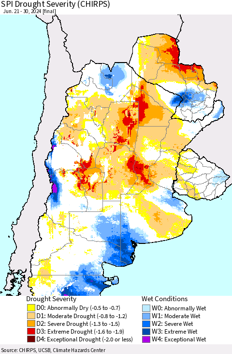 Southern South America SPI Drought Severity (CHIRPS) Thematic Map For 6/21/2024 - 6/30/2024