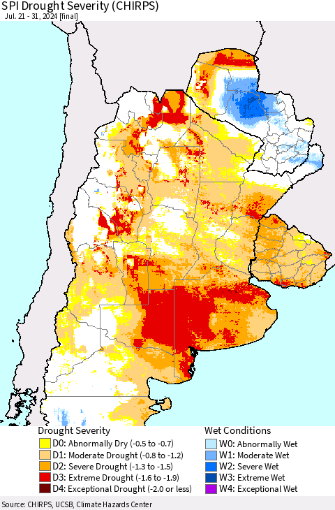 Southern South America SPI Drought Severity (CHIRPS) Thematic Map For 7/21/2024 - 7/31/2024