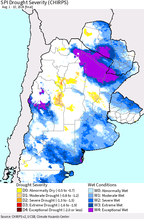 Southern South America SPI Drought Severity (CHIRPS) Thematic Map For 8/1/2024 - 8/10/2024