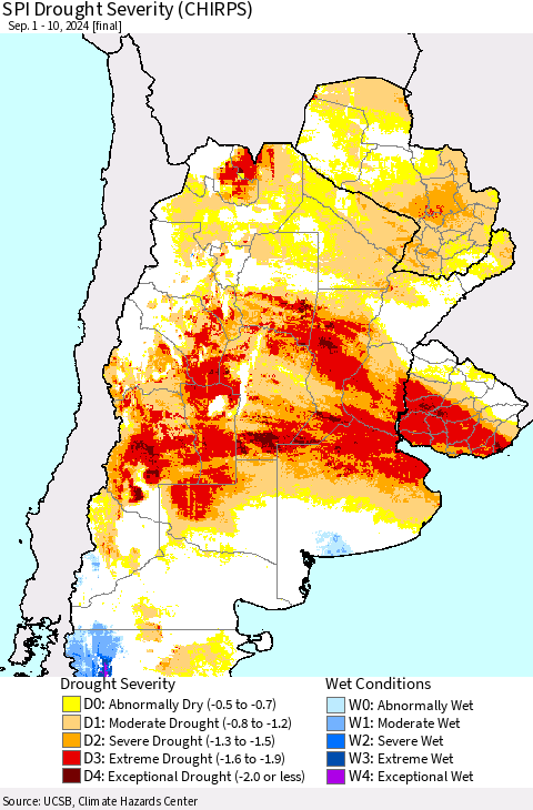 Southern South America SPI Drought Severity (CHIRPS) Thematic Map For 9/1/2024 - 9/10/2024