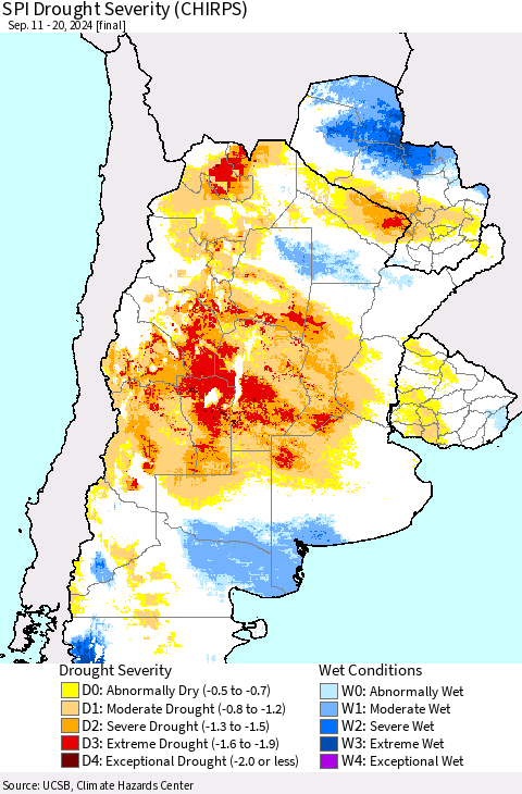 Southern South America SPI Drought Severity (CHIRPS) Thematic Map For 9/11/2024 - 9/20/2024