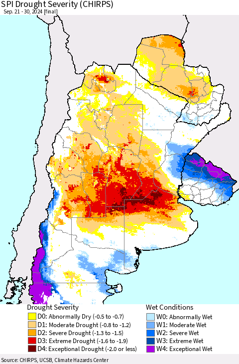 Southern South America SPI Drought Severity (CHIRPS) Thematic Map For 9/21/2024 - 9/30/2024
