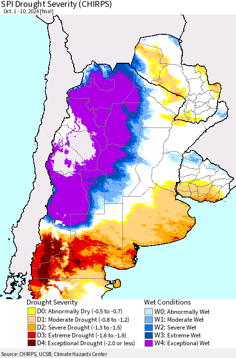 Southern South America SPI Drought Severity (CHIRPS) Thematic Map For 10/1/2024 - 10/10/2024