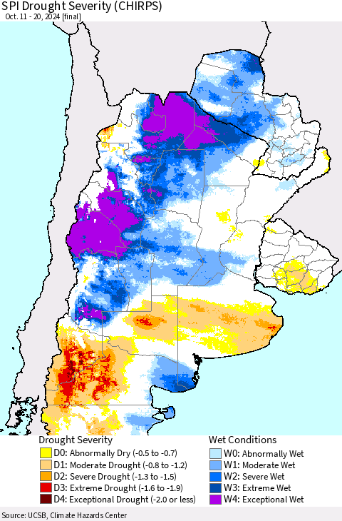 Southern South America SPI Drought Severity (CHIRPS) Thematic Map For 10/11/2024 - 10/20/2024
